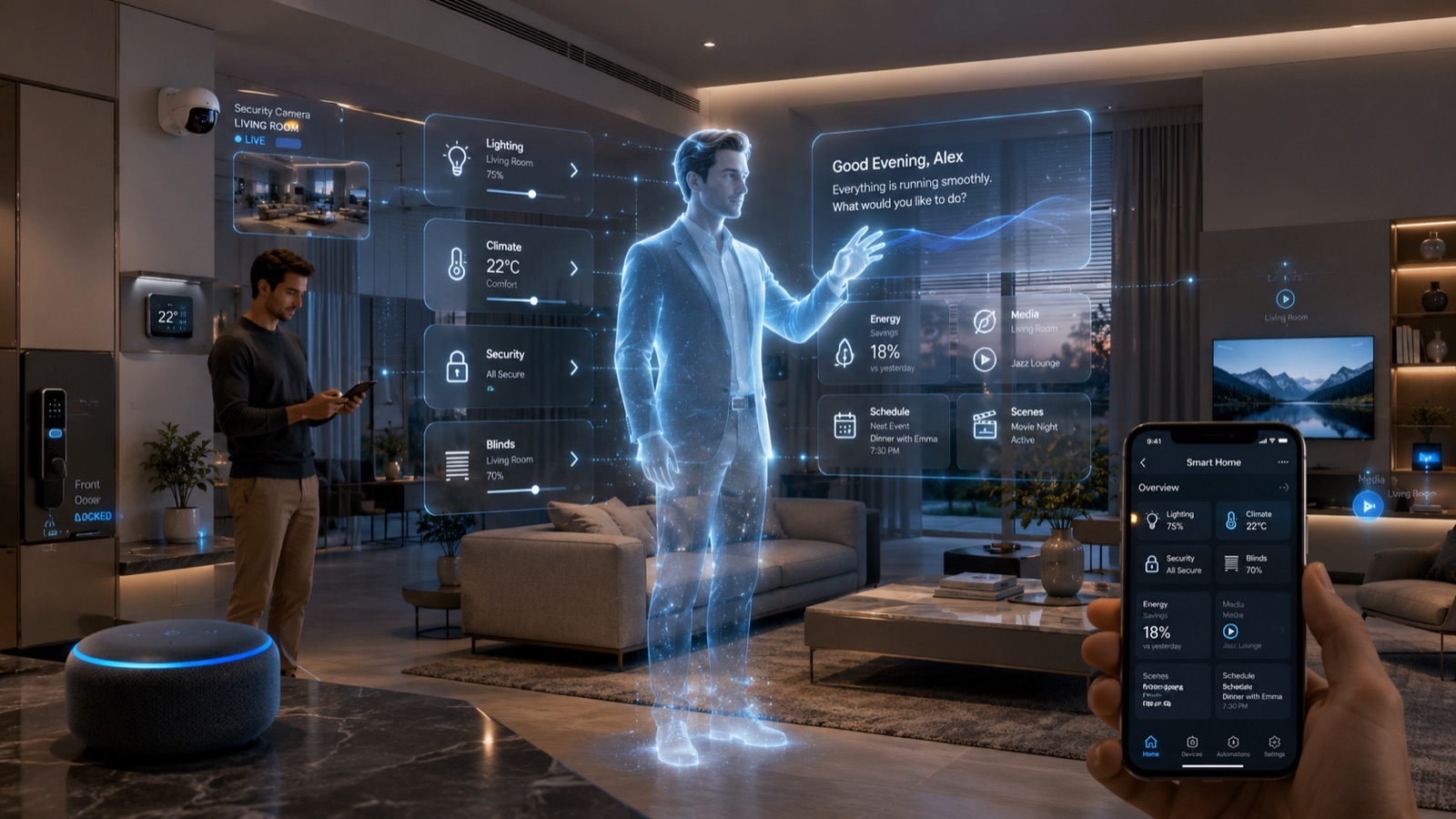 A premium smart home digital butler interface managing lighting, climate, security, and routines.
